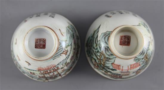 A pair of Chinese famille rose landscape bowls, Daoguang seal mark and of the period (1821-50), diameter 10.5cm, one with rim cracks